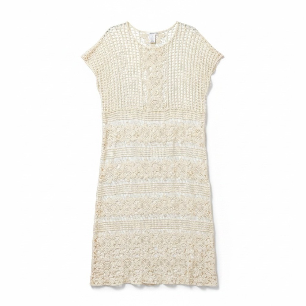 K.Jordan Cream Crochet Lace Maxi Dress‎ 2X Boho Floral Open Knit Coverup